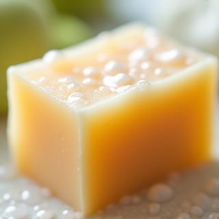 A single handmade soap bar with subtle water droplets, highlighting its moisturizing quality.